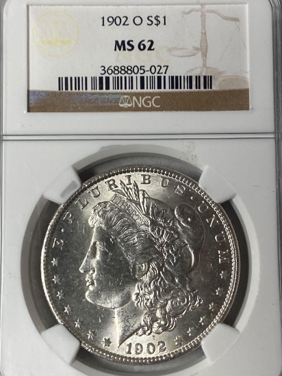 1902-O Morgan silver dollar, MS-62 grade.