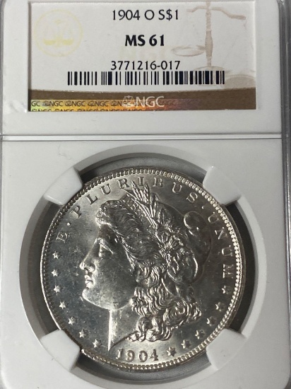 1904-O Morgan silver dollar, MS-61 grade.