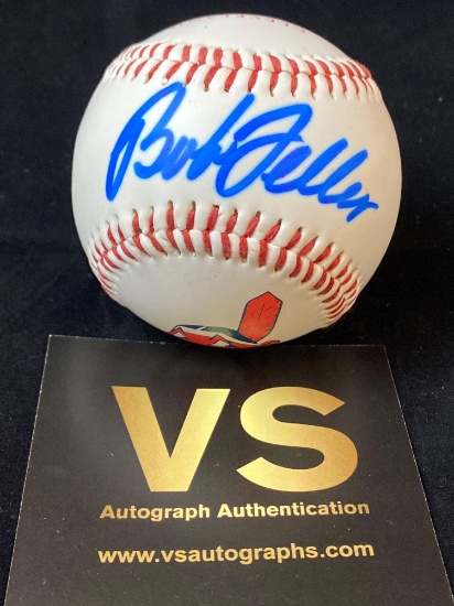 Bob Feller signed Indians Chief Wahoo fotoball, VS COA #A23590.