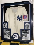 Framed Yankees size 52 jersey w/ Joe DiMaggio autograph, 1839-1939 Centennial patch, 34 x 42 frame