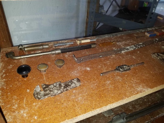 JH Williams wrench, tire gauges, valve caps, antique tools