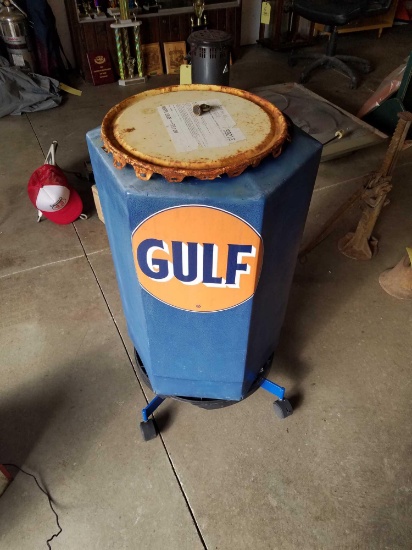 Gulf advertising homemade trash bin on casters