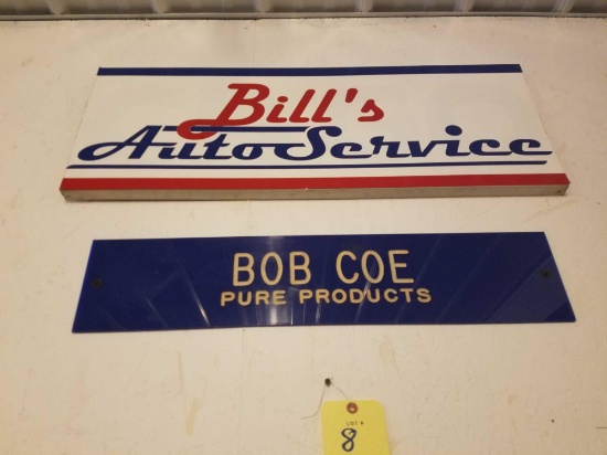 Bill's Auto Service metal sign 33 inches wide, and plastic Bob Coe products