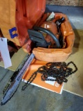 Husqvarna 340 chainsaw, extra bar and chains, book and case