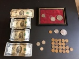 Wheat pennies, (2) Buffalo nickels, (1) silver dime, $2 bills, $1 coins