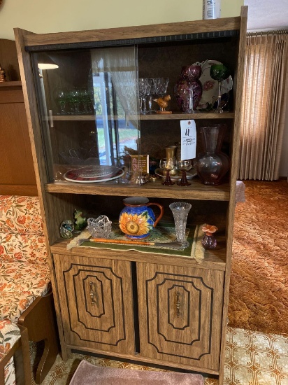 China cabinet and contents, glassware, vases, serving pieces