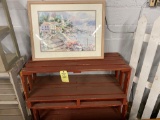 Wood painted red shelves and framed print