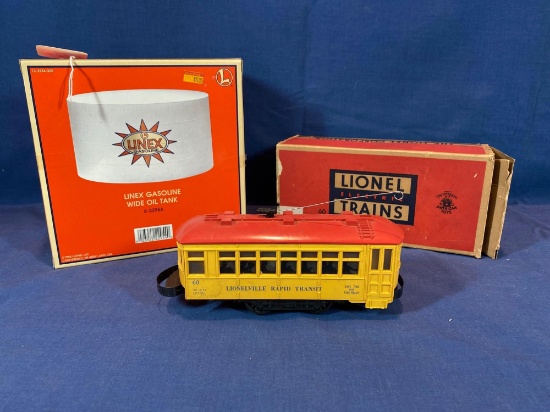 Lionel no. 60 Trolley in original box (box is rough) & Lionel Linex gasoline wide oil tank