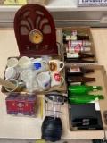 Modern elec radio, clock, mugs, bottles