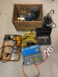 Circular saw, holly beverage crate, socket set, drill and bits