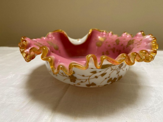 Meriden Company enamel decorated bride's basket bowl, 10.75" long x 4" tall x 10.5@ wide.