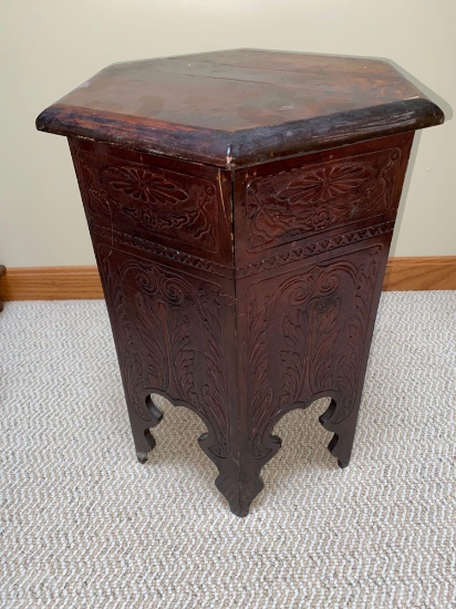 Pressed decorated hexagon stand, 18.5" tall.