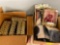 2 boxes dolls and stands, clothes (13 dolls)