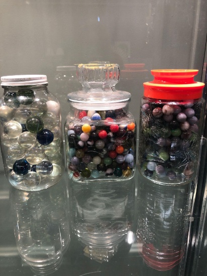 3 jars of marbles, shooter marbles