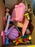 1 box newer small toys, and 1 wood box with some toys