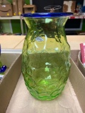 Blenko Vaseline Glass Vase w/ Blue Trim