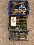 Socket set, wrenches/tools, paint brushes/misc.
