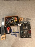 Hand saws, drill bit set, clamps, level, masonry tools/misc.