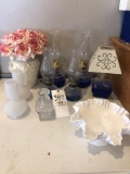 Oil lamps, milk glass, vases