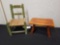 Hand-painted rush seat doll chair, Cushman stool