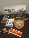 Military hats, photos, plaque and framed items