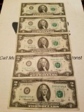 5 Jefferson $2 notes 1976 series