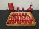 Cranberry pitcher and decanter drink sets with 23 glasses