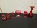 Assorted cranberry glass, pitcher, vasess, bowl