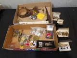 2 boxes of costume jewelry, military pins, buttons, belt buckle