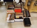 Records, 45s, 78s, record rack and listing of records in photos