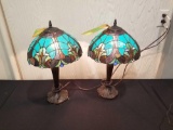 Pair of modern lead glass style lamps, one lamp shade sits on frame with finial bracket damaged