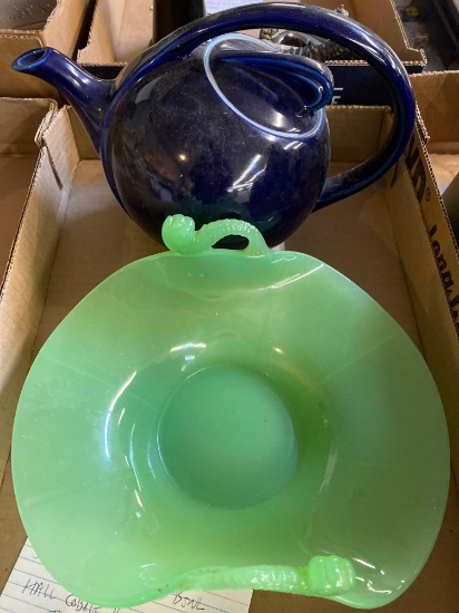Jadeite dolphin bowl, hall cobalt blue ball teapot