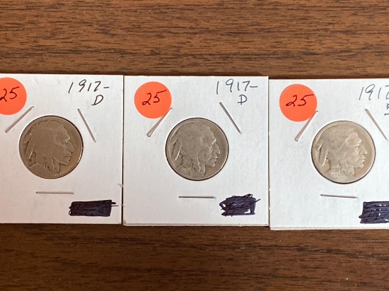 (3) Buffalo nickels (two 1917-D, 1917-S). Bid times three.