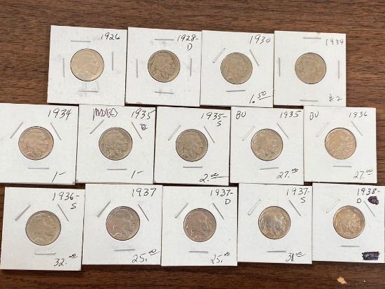 (14) Buffalo nickels (1926, 1928-D, 1930, 1934, 1935 P&S, 1936 P&S, 1937 P-D-S, 1938-D).