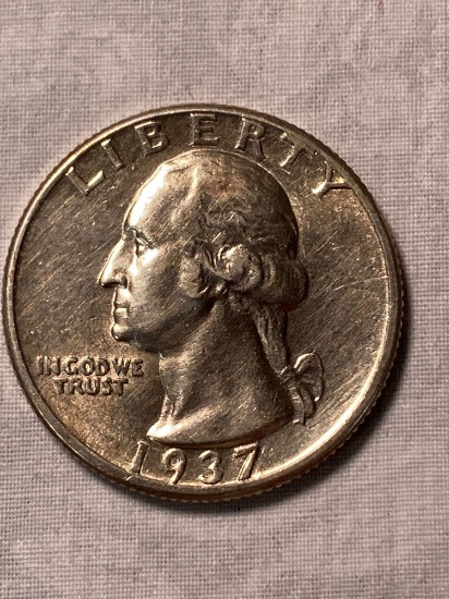 1937 Washington silver quarter, uncirculated.