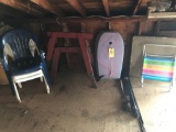 Stack chairs, beach chair, boogie boards, saw horses