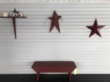Red wood bench, stars, shelf with crocks