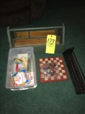Wood tool carrier, baby doll, rattler, game