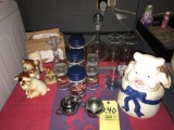 Pig cookie jar, decanter set, cream & sugar, figurines