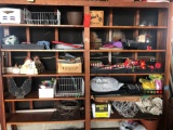 Decor items on shelf, bird feeders, misc.