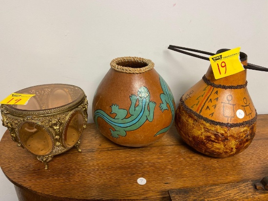 Decorative Gourds and Brass/Glass Footed Bowl