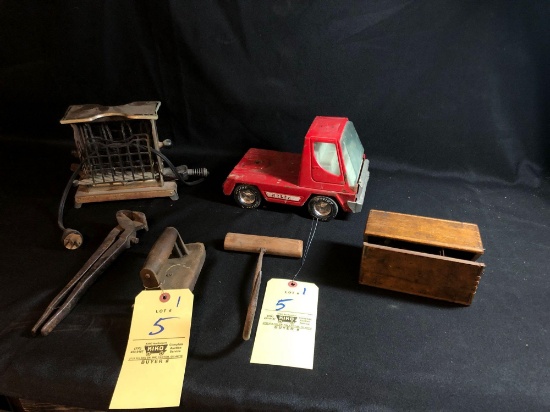 Nylint Toy Truck, Hay Hook, Toaster, Blacksmith Tool, Folding Wood Box with Sewing Items
