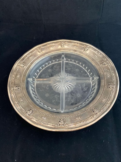 Wallace sterling & wheelcut divided dish, 10.25" diameter