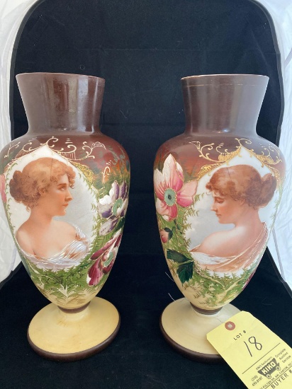 Pair hand painted 15" Bristol style glass vases
