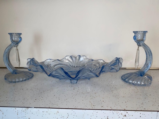 Cambridge glass bowl w/ pair candle holders