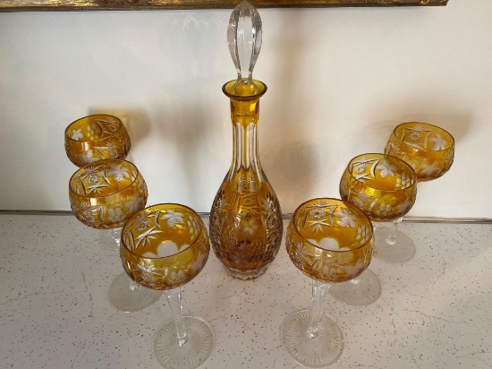 Bavarian cut style 15.5" tall decanter w/ (6) 8.5" tall stem glasses