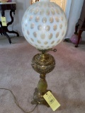Bradley & Hubbard lamp w/ Fenton coin dot glass globe shade, 36