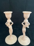 Pair Cambridge Crown Tuscan glass nude candle holders, 8.5