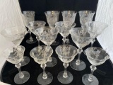Fostoria acid etched birds of paradise scene stemmed glasses, (14) glasses total in three sizes.