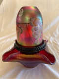 Fenton fairy lamp w/ stretch glass base, hand painted grapes & cable by A. Deem, 7 1/4